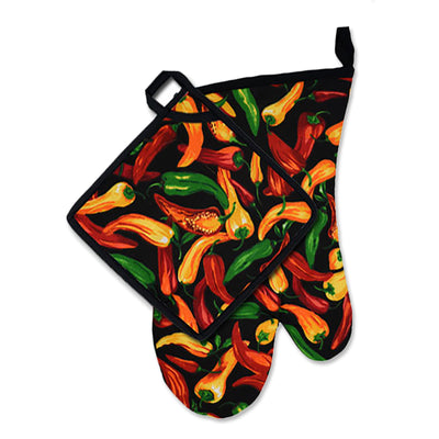 Wholesale by Bronze Baboon: "Chilies-Black" Pot Holder-Oven Mitt Set