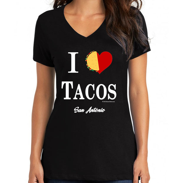 Bronze Baboon wholesale I Love Tacos San Antonio women's V-necks.