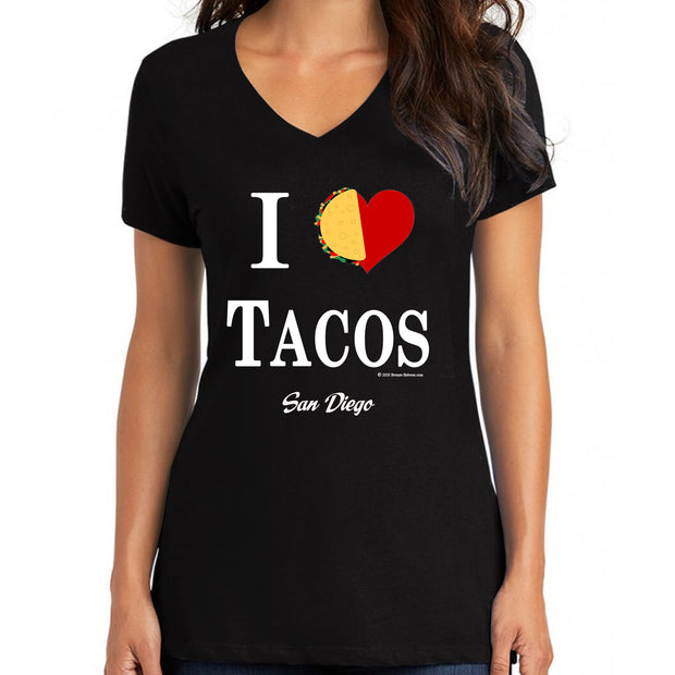 Bronze Baboon wholesale I Love Tacos San Diego women's V-necks.