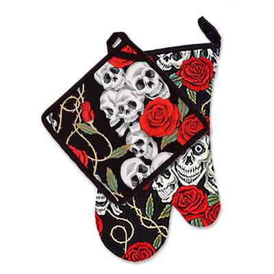 Wholesale by Bronze Baboon: "Rose Tattoo-Black" Oven Mitt & Pot Holder Set