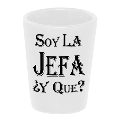 Bronze Baboon "Soy La Jefa ¿Y Que?" ("I'm the boss, so what?") 1.5 oz. White Ceramic Shot Glass